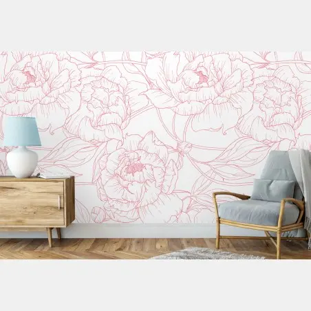 Papier peint pivoines délicates aux contours roses – Wallnifity®