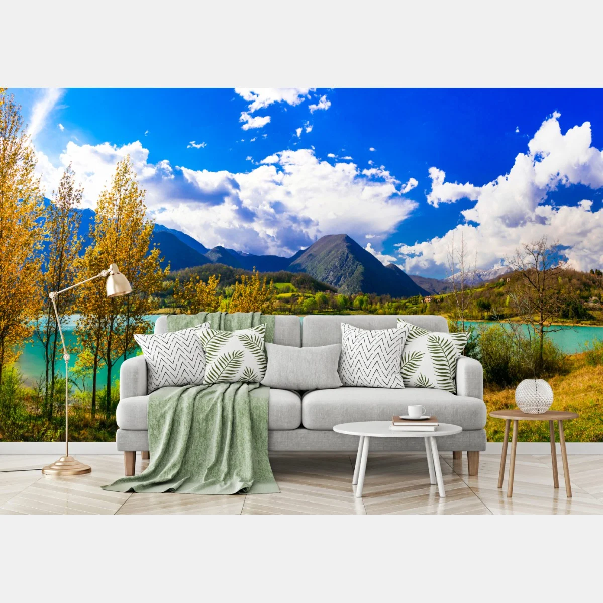 Papier peint lac turquoise au pied des montagnes automnales – Wallnifity® Papier peint lac turquoise au pied des montagnes automnales – Wallnifity®