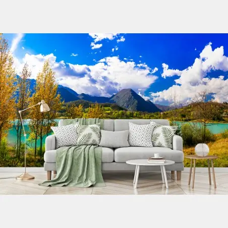 Papier peint lac turquoise au pied des montagnes automnales – Wallnifity®
