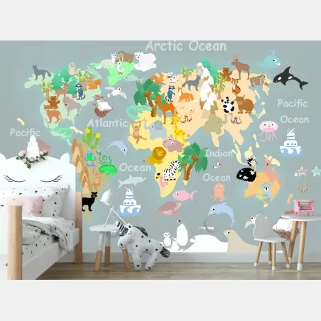 Papier peint carte du monde des animaux en couleurs pastel – Wallnifity®