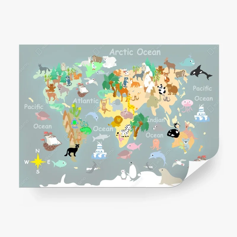 Papier peint carte du monde des animaux en couleurs pastel – Wallnifity® Papier peint carte du monde des animaux en couleurs pastel – Wallnifity®