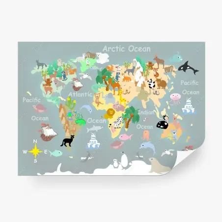 Papier peint carte du monde des animaux en couleurs pastel – Wallnifity®
