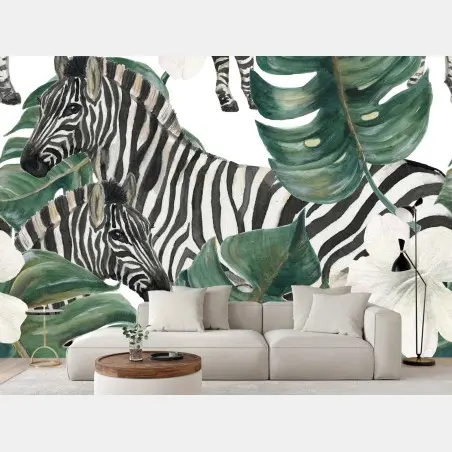 Papier peint motif zèbres et feuilles tropicales – Wallnifity®