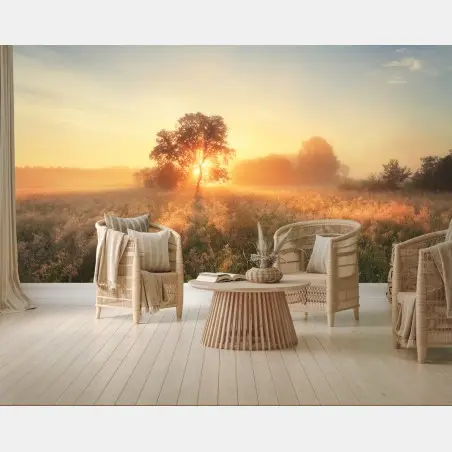 Papier peint aube dorée sur la prairie – Wallnifity®