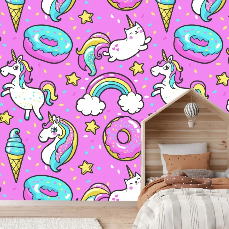 Papier peint rêve pastel de licornes, beignets et arc-en-ciel
