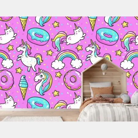 Papier peint rêve pastel de licornes, beignets et arc-en-ciel – Wallnifity®