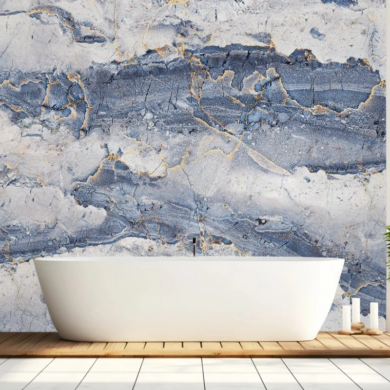 Papier peint marbre bleu veiné d'or