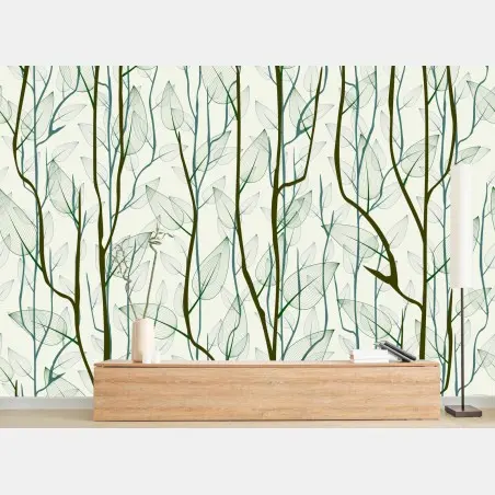 Papier peint motif délicat de branches et feuilles translucides – Wallnifity®