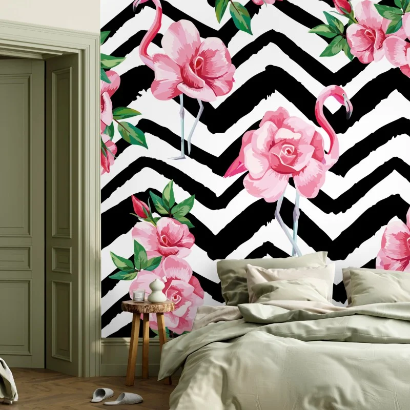 Papier peint motif tropical flamants et roses sur fond chevron – Wallnifity® Papier peint motif tropical flamants et roses sur fond chevron – Wallnifity®