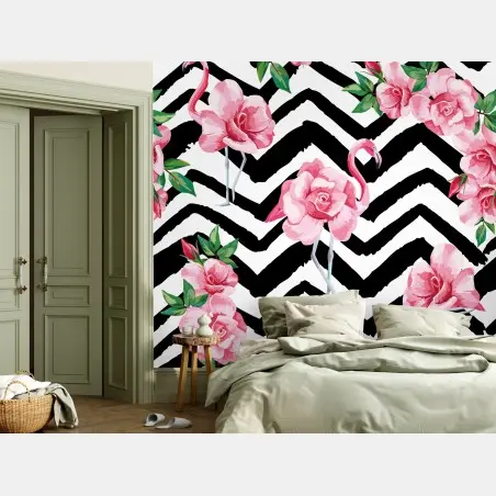 Papier peint motif tropical flamants et roses sur fond chevron – Wallnifity®