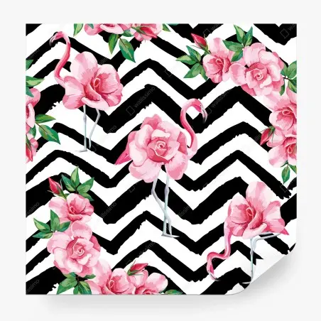Papier peint motif tropical flamants et roses sur fond chevron – Wallnifity®