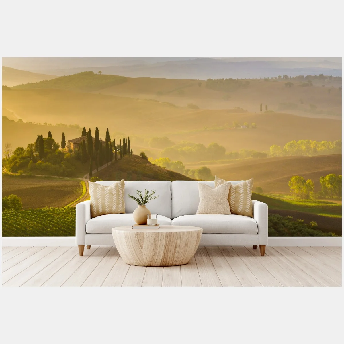 Papier peint brume matinale féerique dans les collines du Val d'Orcia, Toscane – Wallnifity® Papier peint brume matinale féerique dans les collines du Val d'Orcia, Toscane – Wallnifity®
