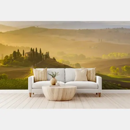 Papier peint brume matinale féerique dans les collines du Val d'Orcia, Toscane – Wallnifity®