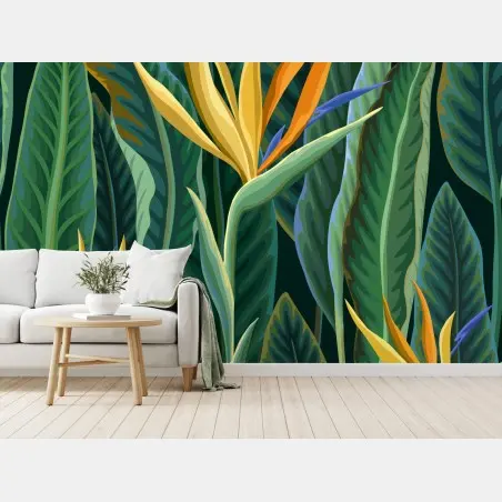 Papier peint motif tropical feuilles et oiseaux du paradis – Wallnifity®