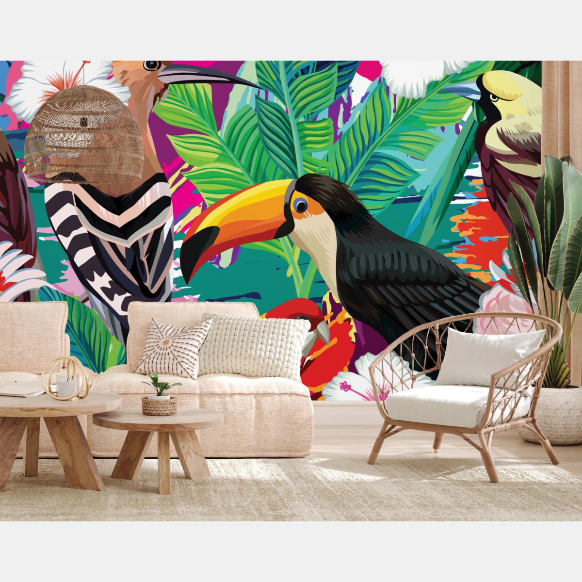 Papier peint paradis tropical d'oiseaux exotiques et fleurs – Wallnifity®