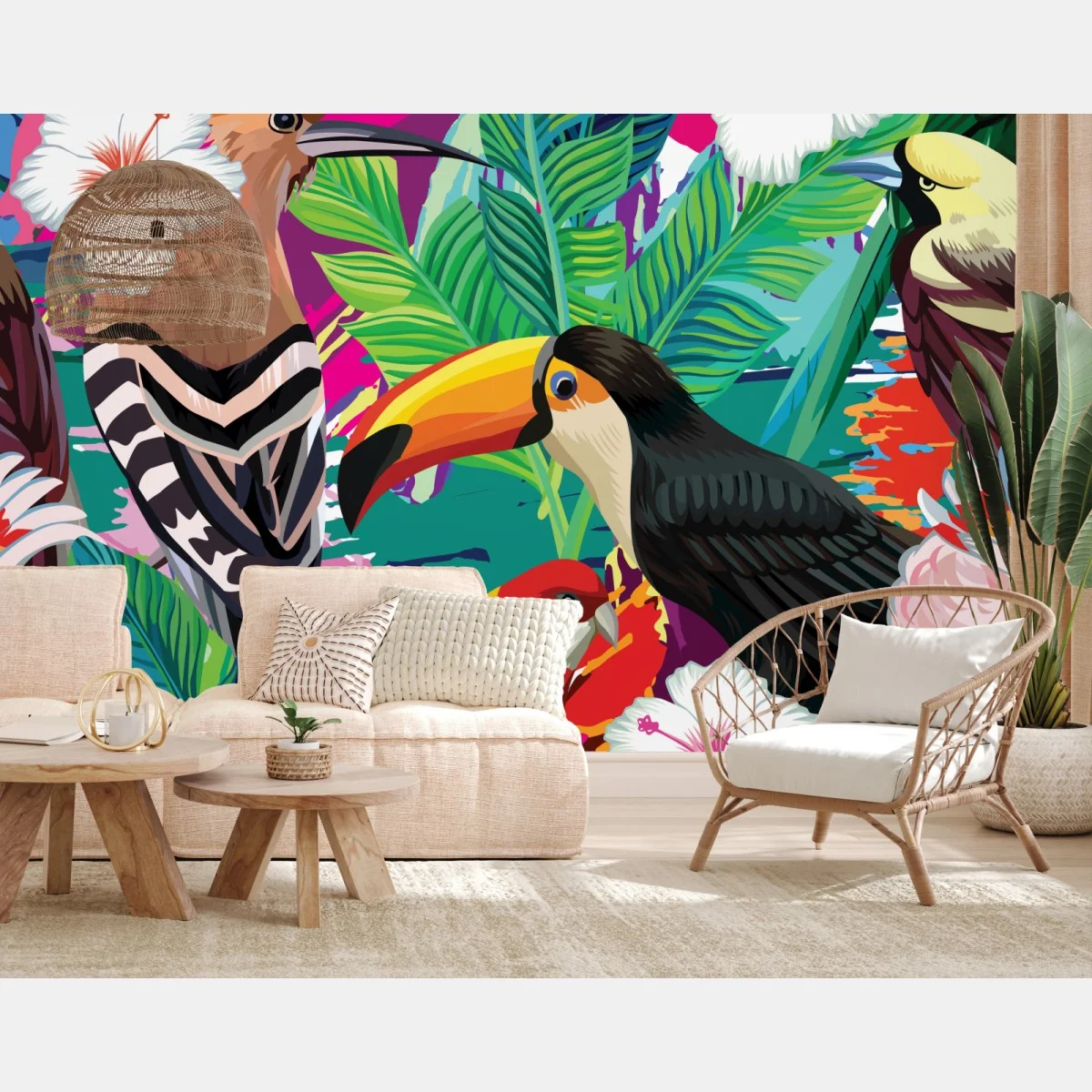 Papier peint paradis tropical d'oiseaux exotiques et fleurs – Wallnifity® Papier peint paradis tropical d'oiseaux exotiques et fleurs – Wallnifity®