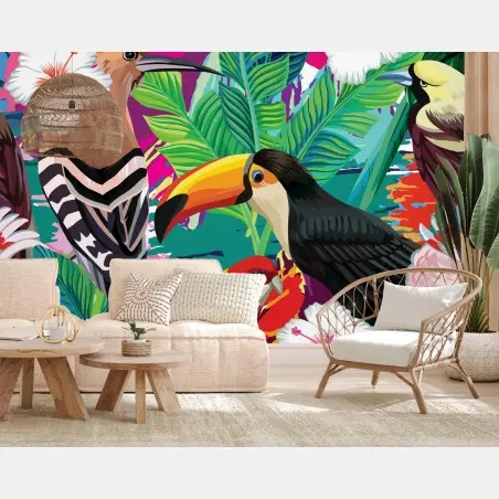 Papier peint paradis tropical d'oiseaux exotiques et fleurs – Wallnifity®