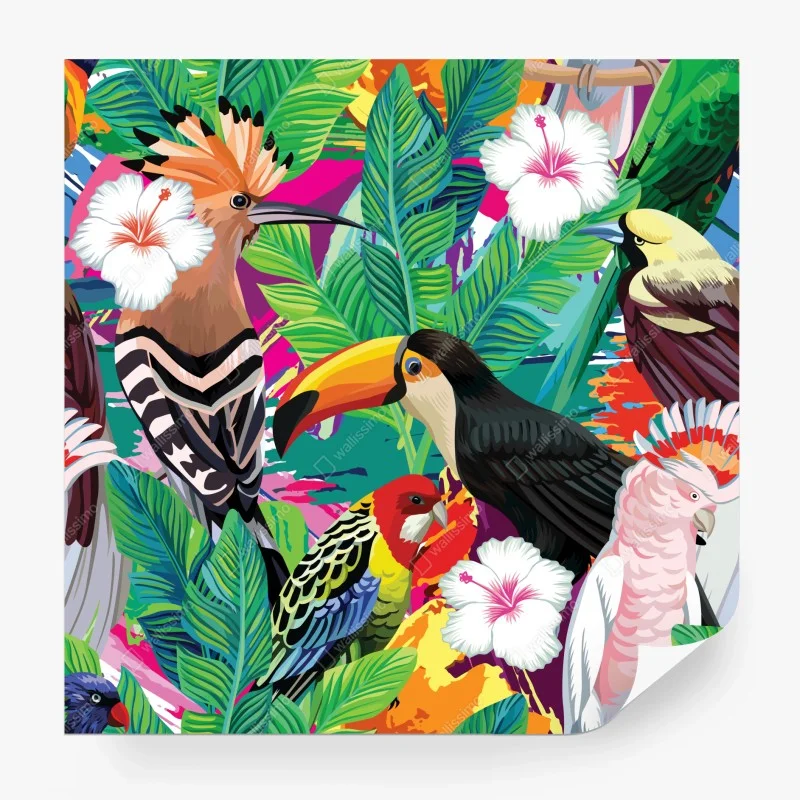 Papier peint paradis tropical d'oiseaux exotiques et fleurs – Wallnifity® Papier peint paradis tropical d'oiseaux exotiques et fleurs – Wallnifity®