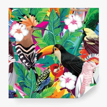Papier peint paradis tropical d'oiseaux exotiques et fleurs – Wallnifity®