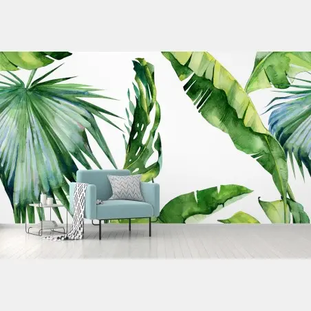 Papier peint motif feuilles tropicales en aquarelle – Wallnifity®