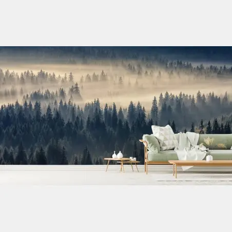 Papier peint brume matinale sur la vallée d'épicéas – Wallnifity®