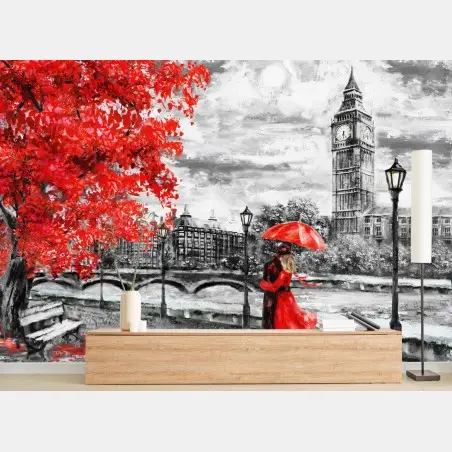 Papier peint promenade romantique sous la pluie à Londres devant Big Ben – Wallnifity®