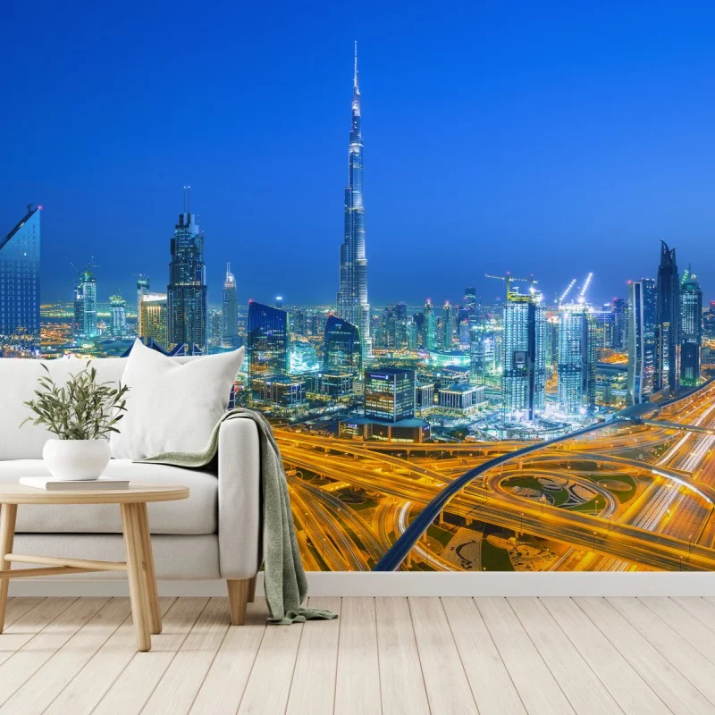 Papier peint panorama nocturne de Dubaï avec Burj Khalifa – Wallnifity® Papier peint panorama nocturne de Dubaï avec Burj Khalifa – Wallnifity®