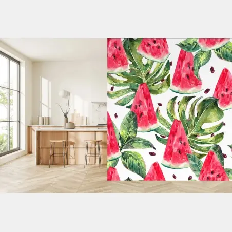 Papier peint motif pastèque et feuilles tropicales en aquarelle – Wallnifity®