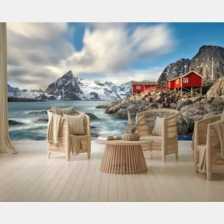 Papier peint cabanes rouges au bord du fjord – Wallnifity®