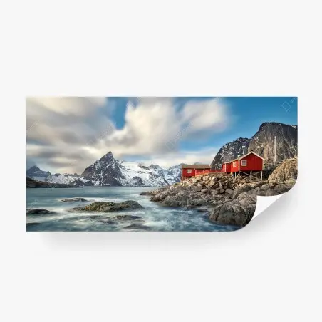 Papier peint cabanes rouges au bord du fjord – Wallnifity®