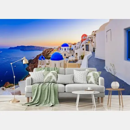 Papier peint panorama coloré de Santorin au coucher du soleil – Wallnifity®