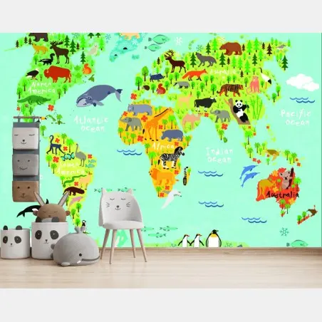 Papier peint carte illustrée des animaux du monde – Wallnifity®