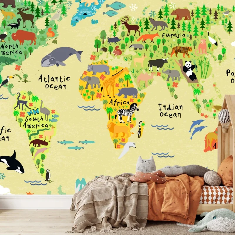 Papier peint carte du monde des animaux colorée pour enfants – Wallnifity® Papier peint carte du monde des animaux colorée pour enfants – Wallnifity®