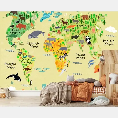 Papier peint carte du monde des animaux colorée pour enfants – Wallnifity®