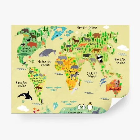 Papier peint carte du monde des animaux colorée pour enfants – Wallnifity®