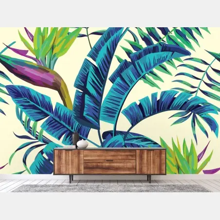 Papier peint motif tropical bleu et oiseau-de-paradis – Wallnifity®