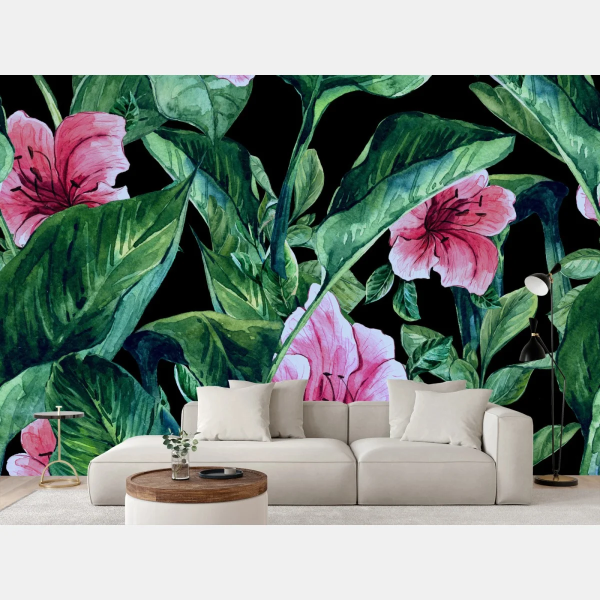 Papier peint motif floral tropical sur fond noir – Wallnifity® Papier peint motif floral tropical sur fond noir – Wallnifity®