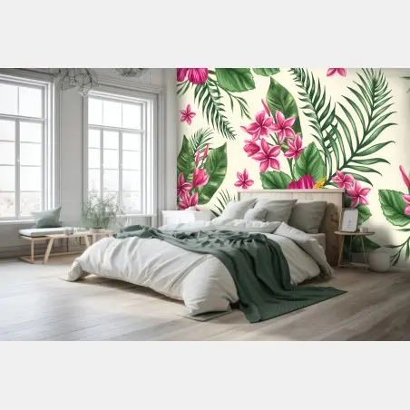 Papier peint motif floral tropical rose et feuillage luxuriant – Wallnifity®