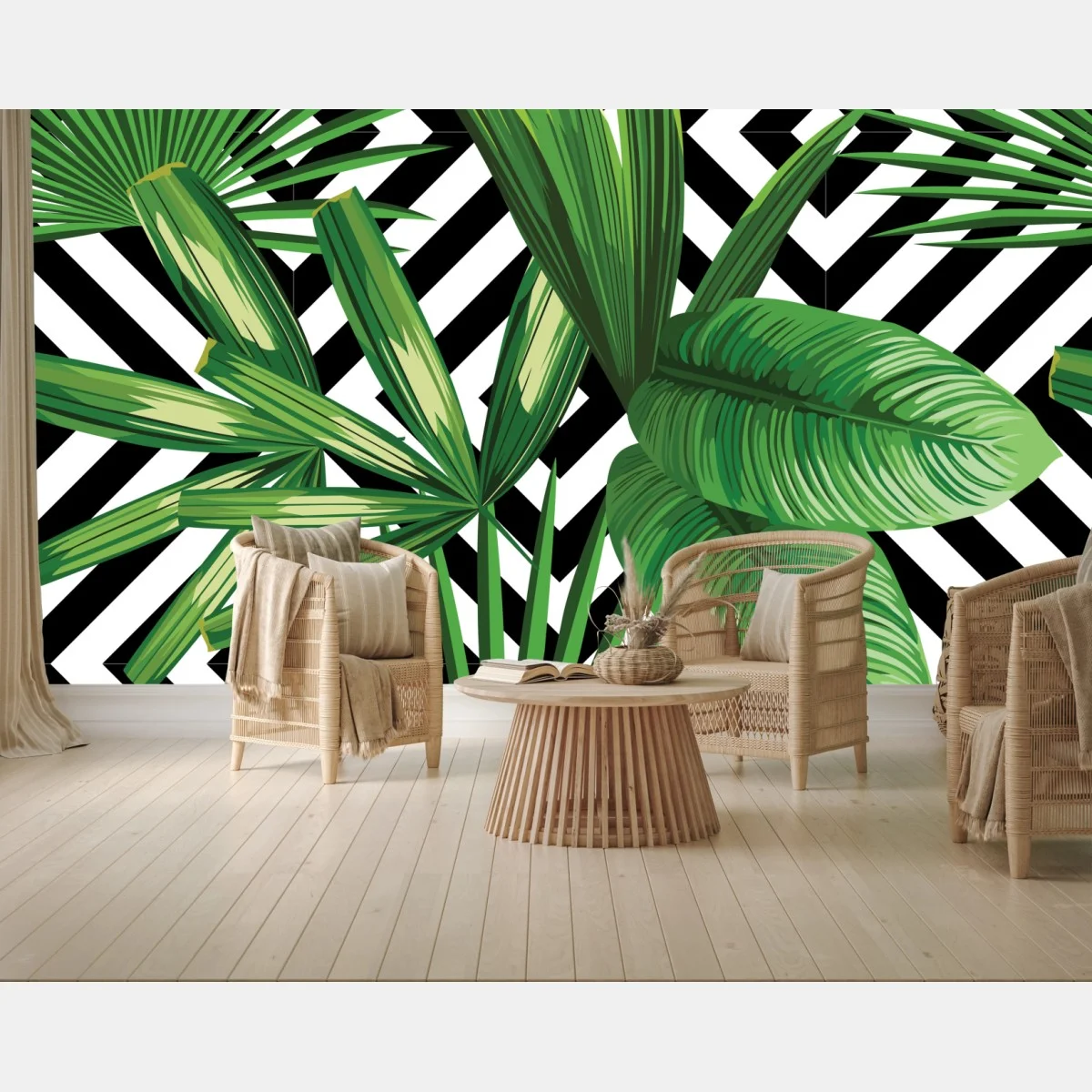 Papier peint motif tropical géométrique feuilles vertes – Wallnifity® Papier peint motif tropical géométrique feuilles vertes – Wallnifity®