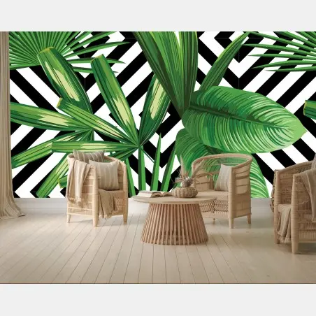 Papier peint motif tropical géométrique feuilles vertes – Wallnifity®