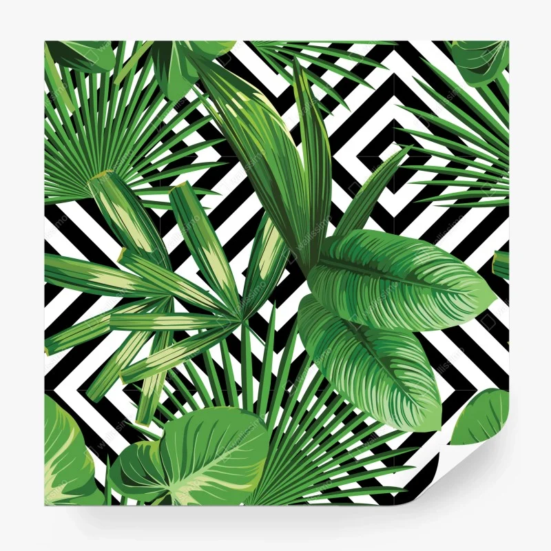 Papier peint motif tropical géométrique feuilles vertes – Wallnifity® Papier peint motif tropical géométrique feuilles vertes – Wallnifity®