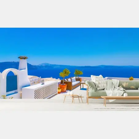 Papier peint oasis ensoleillée à Oia, Santorin – Wallnifity®