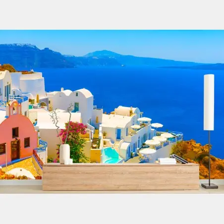 Papier peint vue emblématique d'Oia à Santorin – Wallnifity®