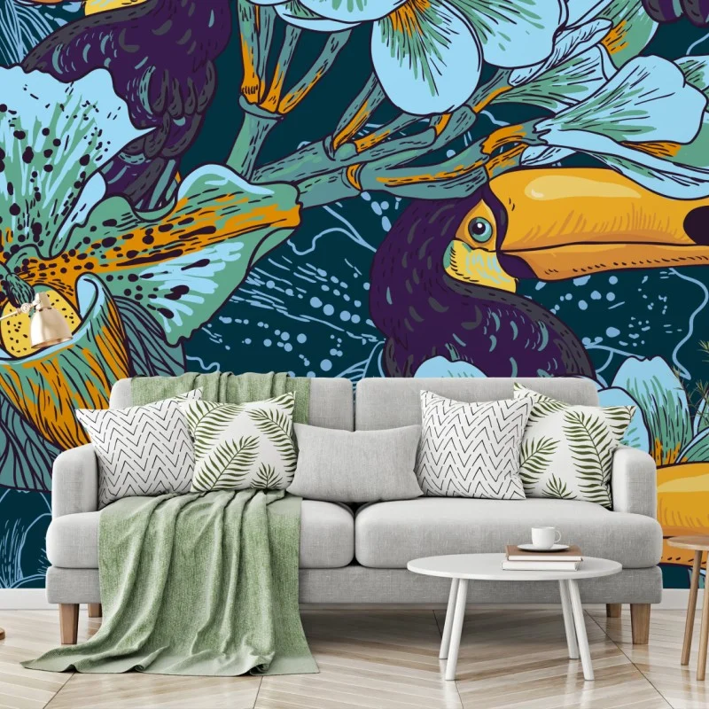 Papier peint paradis tropical aux toucans et fleurs exotiques – Wallnifity® Papier peint paradis tropical aux toucans et fleurs exotiques – Wallnifity®