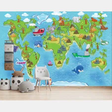 Papier peint carte du monde animée et colorée pour chambre d'enfant – Wallnifity®