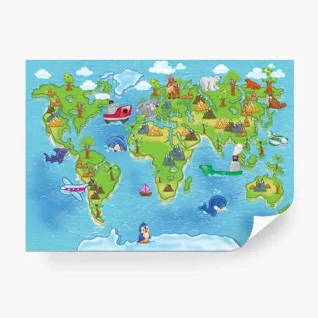 Papier peint carte du monde animée et colorée pour chambre d'enfant – Wallnifity®