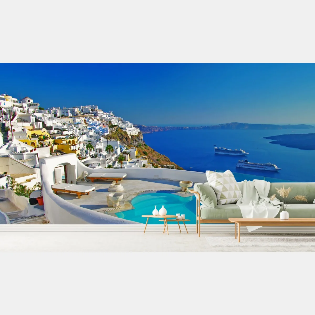Papier peint vue panoramique de Santorin au bord de la piscine – Wallnifity® Papier peint vue panoramique de Santorin au bord de la piscine – Wallnifity®