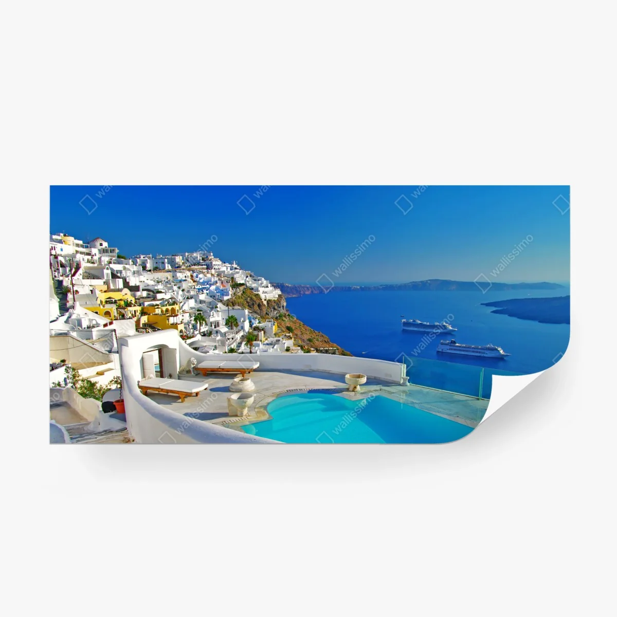 Papier peint vue panoramique de Santorin au bord de la piscine – Wallnifity® Papier peint vue panoramique de Santorin au bord de la piscine – Wallnifity®