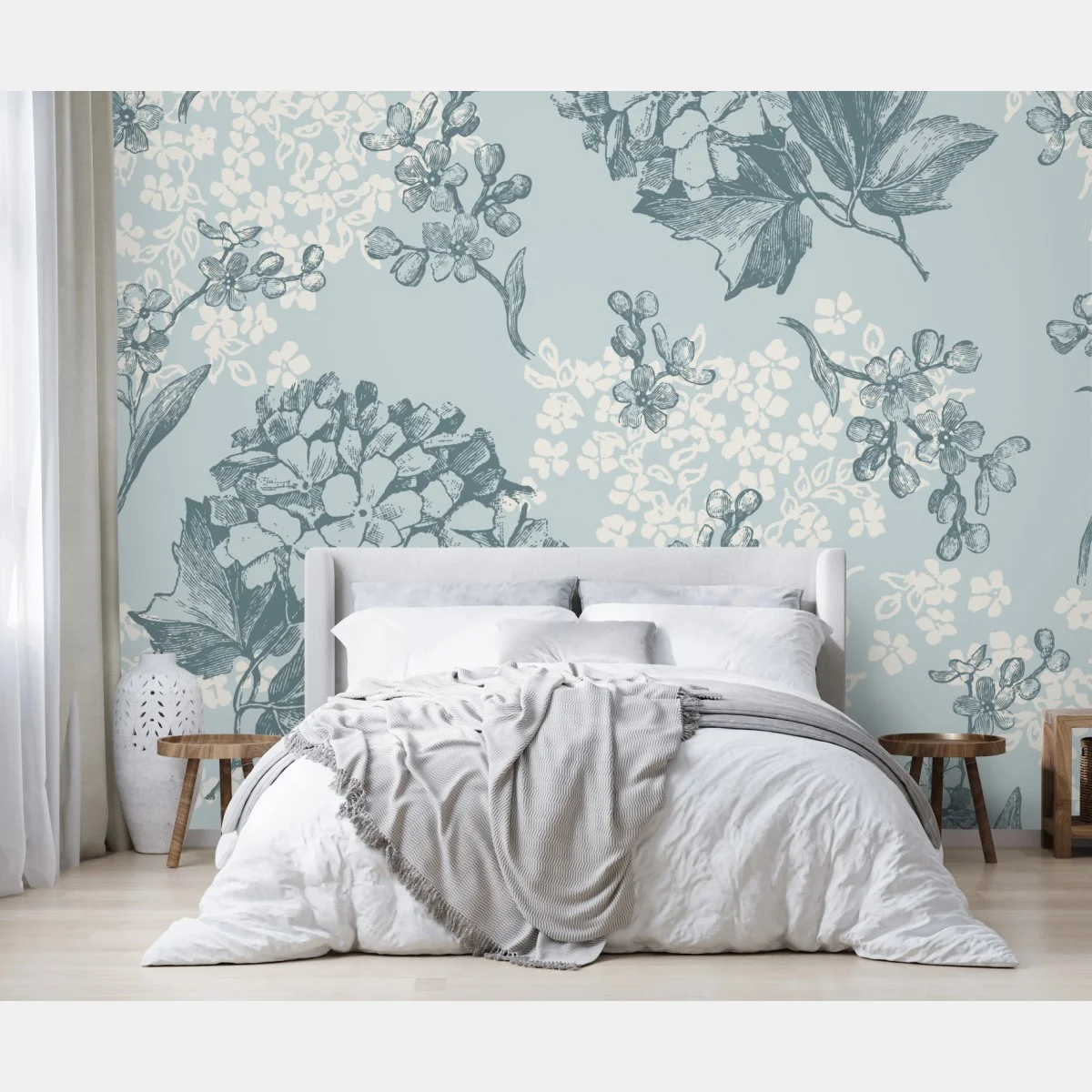 Papier peint motif floral d'hortensias sur fond bleu – Wallnifity® Papier peint motif floral d'hortensias sur fond bleu – Wallnifity®