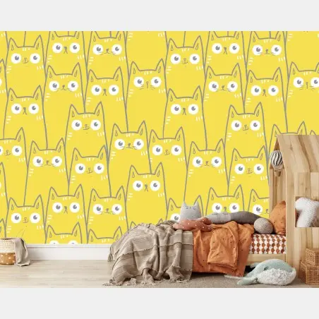 Papier peint motif chats jaunes mignons et graphiques – Wallnifity®